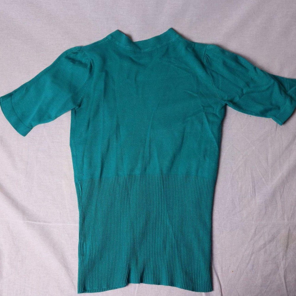 Beechers Brook Womens Teal Green V-Neck Ribbed Hem Short Sleeve Knit Top Medium - Picture 4 of 9